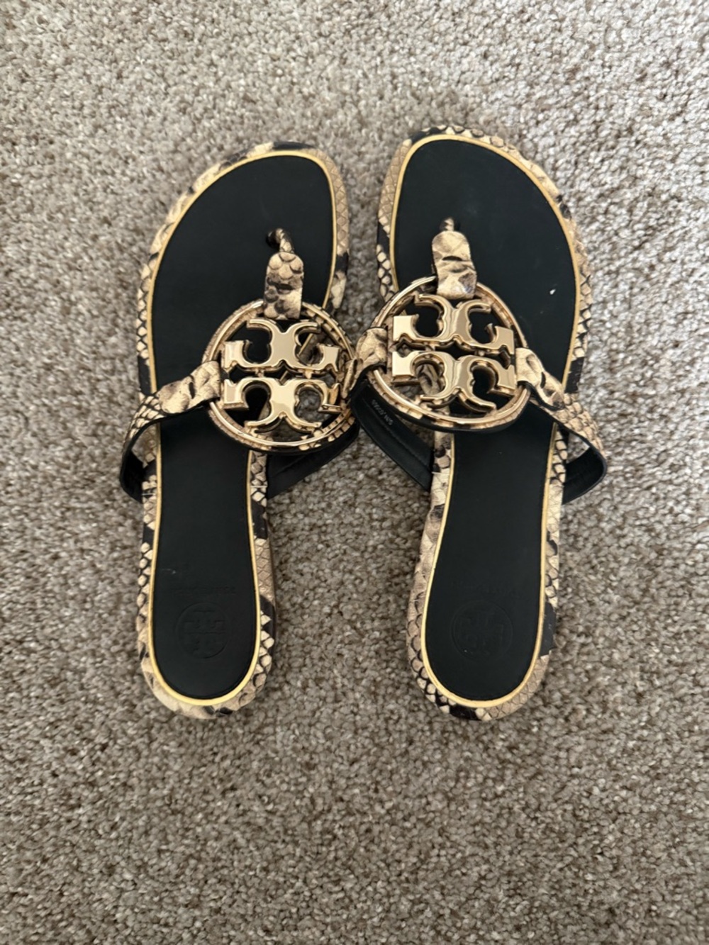 Tory Burch Black & Gold Snake-Print Miller Sandals